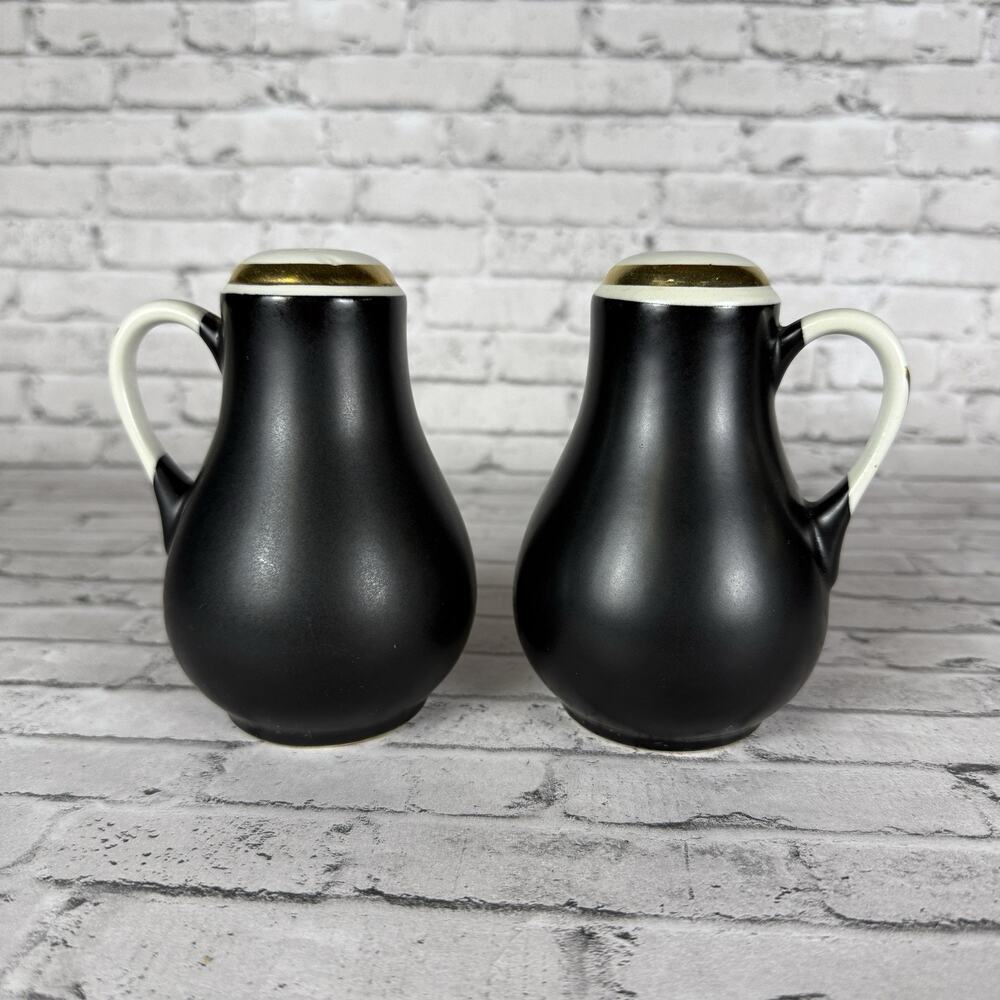 Vintage Hall's Superior Quality Matte Black Gold Salt Pepper Shakers 5”